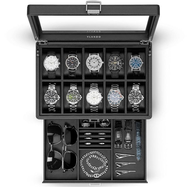 Vlando Watch Box 10 Slots, Lockable Watch Case with Textured Leather, 2 Layer Watch Holder for Rings, Glasses, Mens Jewelry Box with Glass Lid, Removable Divider, Gifts for Father, Husband, Black