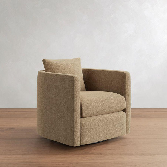 Ayden Upholstered Barrel Swivel Armchair, PLY CSH, Performance Casual Chenille Fawn