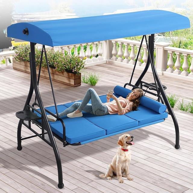 Grepatio Outdoor Porch Swing with Canopy and Stand, 3 Person Patio Swing for Adults, Convertible 2 in 1 Porch Bed Swing with Cup Holder, 3 Seat Swings with 2 Pillow Cushions for Garden, Yard (Blue)