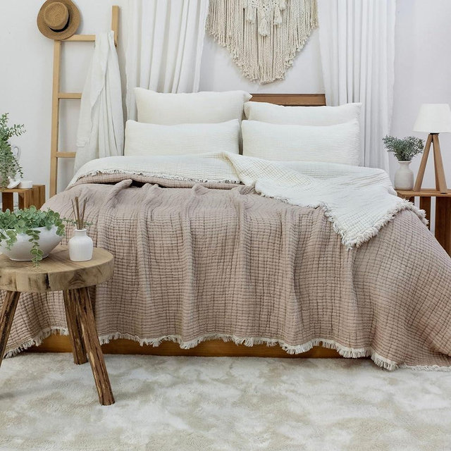 8-Layer Muslin Quilt, 100% Turkish Cotton Blanket, Ultra Soft, Lightweight Comforter, Breathable, All Season Bed Throw (Tan, King Size (102"x110"))
