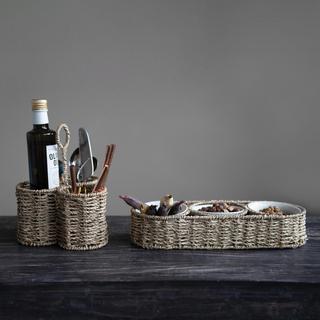 Hand-Woven Seagrass Basket Ceramic Bowl, Set of 4