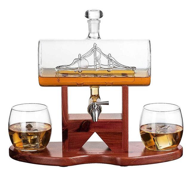 Whiskey Decanter 900mL Ship Set - With 2 8oz Glasses and Beautiful Stand Gift for Dad, Husband or Boyfriend by The Wine Savant