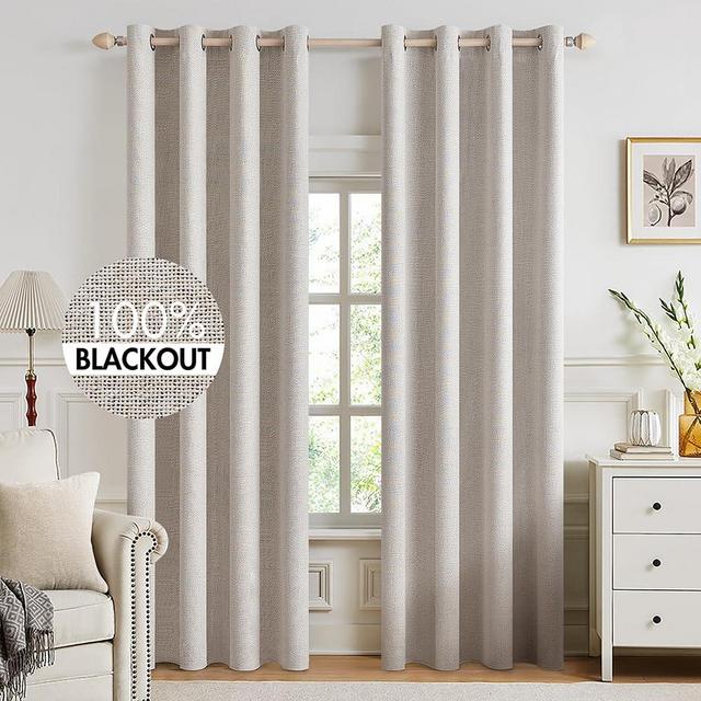 MIULEE 100% Blackout Linen Textured Curtains for Bedroom Solid Thermal Insulated Ivory Grommet Room Darkening Curtains & Drapes Luxury Decor for Living Room Nursery 52 x 92 Inch (2 Panels)