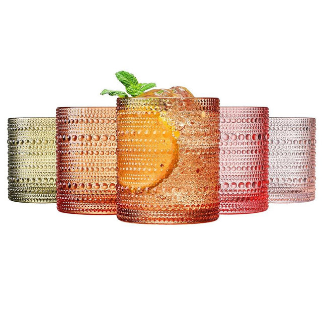 Hobnail Tumbler Drinking Glasses Set | Set of 5 | Vintage Sunset Colored Beaded Hobnails 10 OZ Muted Bubble Whiskey Glassware, Old-Fashioned, Embossed Design Glass Water Wine, Cocktail Glass Set Gift