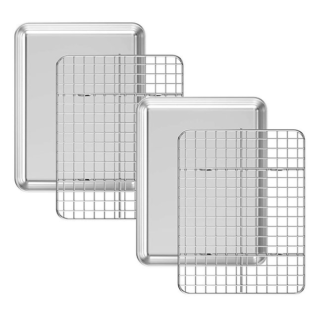 Baking Sheet with Cooling Rack Set [2 Sheets + 2 Racks], Deedro Stainless Steel Cookie Half Sheets Baking Pan Oven Tray with Rack, 10 x 8 x 1 Inch, Heavy Duty, Non-toxic, Easy Clean