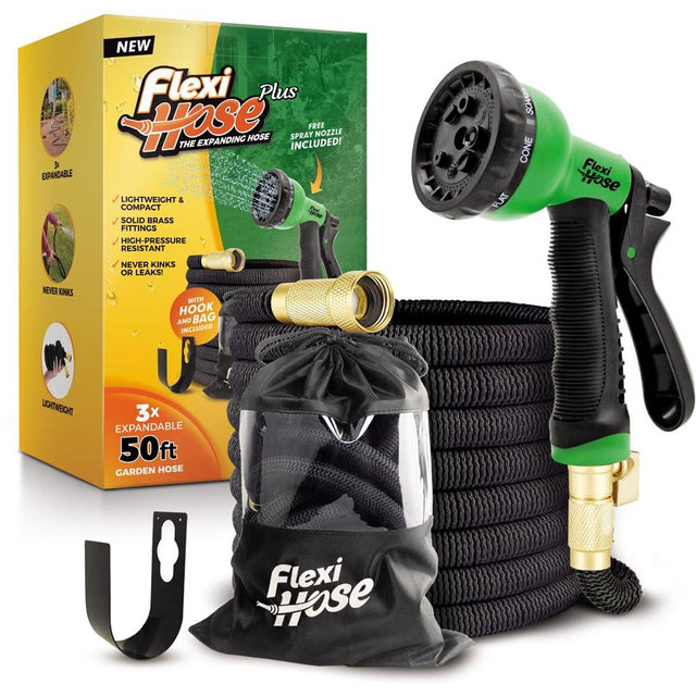 Flexi Hose Plus Expandable Garden Hose with 8 Function Nozzle, 50FT - Lightweight Retractable Garden Hose, Water Hose - No-Kink Flexibility, 3/4 Inch Solid Brass Fittings Includes Hook & Bag