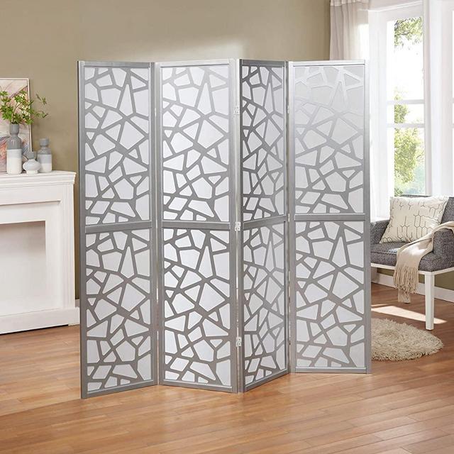Roundhill Furniture Giyano 4 Panel Wood Frame Screen Room Divider, Silver