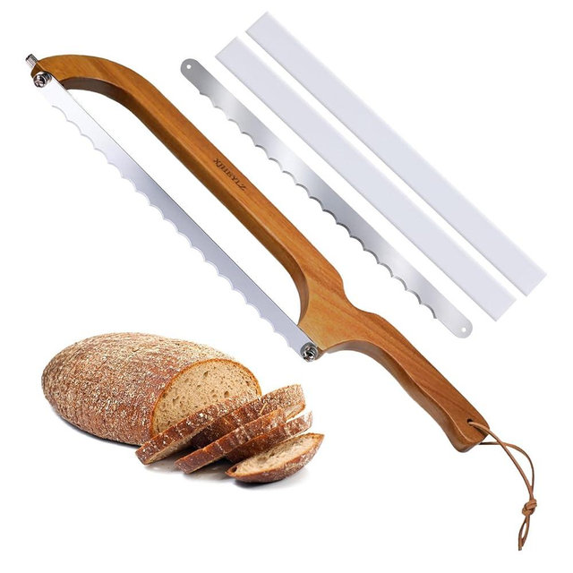 XJHEYLZ Sourdough bread knife, Bread Knife 16",Bread Slicer for Homemade Bread,Adjustable blade tightness for Even Slicing, Serrated knife,Wooden Bread cutter with Bow Design (3, brown)