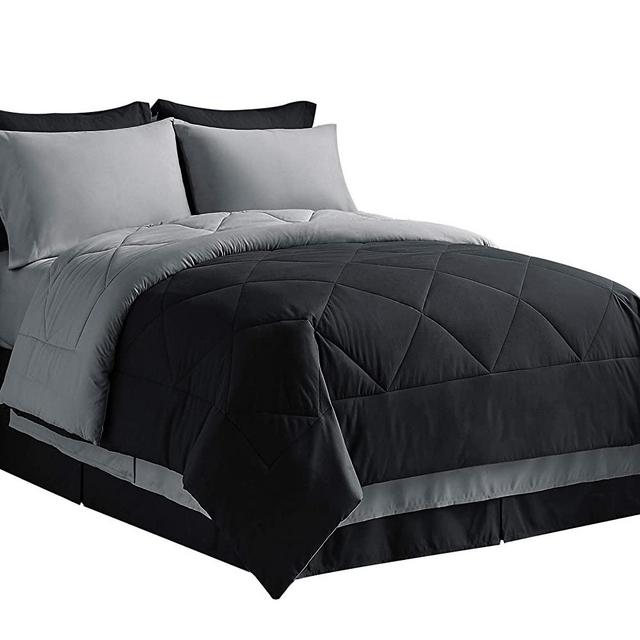 Bedsure Black Comforter Black Queen Comforter Set Bed in A Bag 8 Pieces - 1 Comforter (88x88 Inches), 2 Pillow Shams, 1 Flat Sheet, 1 Fitted Sheet, 1 Bed Skirt, 2 Pillowcases