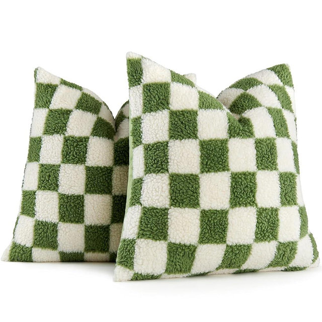 AmHoo Pack of 2 Decorative Throw Pillow Covers Checkerboard Luxury Super Soft Faux Fur Wool Set Case Cushion for Couch Sofa Bedroom 18 x 18-Inch Sage Green