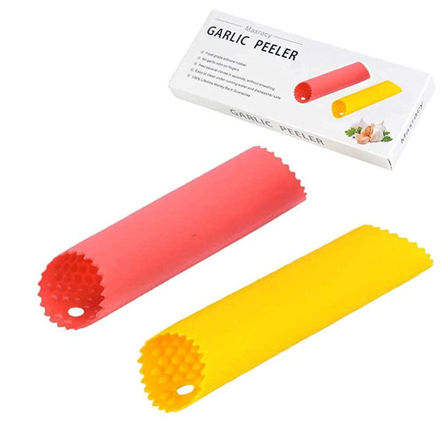 Maxracy 2 Set Silicone Garlic Peeler Easy Roller Tube Useful Garlic Odorfree Kitchen Tool (Red,Yellow)