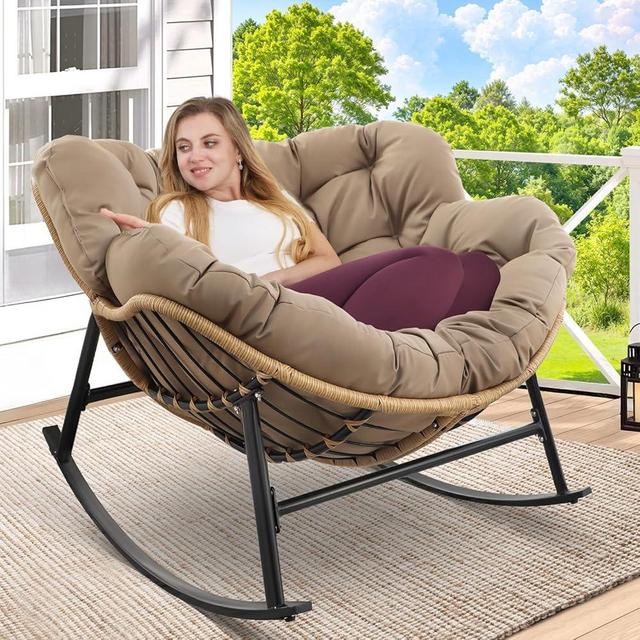 RADIATA Rocking Papasan Chair Outdoor with Cushion, Oversized Extra Large Padded Patio Lounge Chairs, Deep Wide Royal Rocking Chair with 450 lbs Capacity for Backyard, Outside, Garden, Lawn, Brown