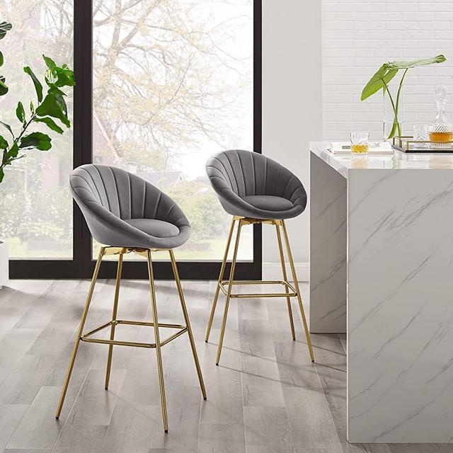 Volans 29.5" Counter Height Swivel Bar Stools Chairs with Gold Metal Legs, Mid Century Modern Tufted Upholstered Counter Stools with Round Back for Kitchen Dining Room Pub, Set of 2, Grey