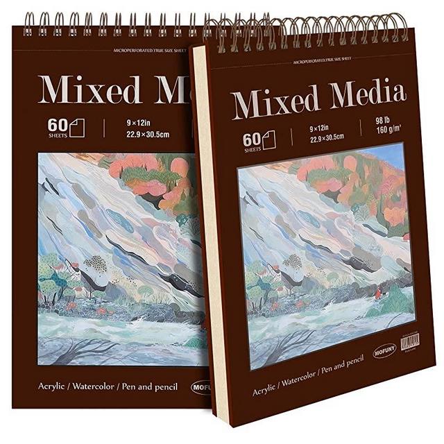 Mixed Media Sketch Pad, 9 x 12 inches, 60 Sheets Each (98lb/160gsm), 2 Pack, Heavyweight Drawing Papers, Top Spiral Bound Hardcover Sketchbook, for Wet and Dry Media, Drawing, Painting