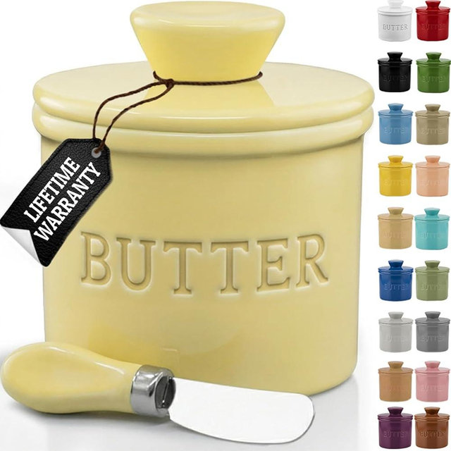PriorityChef Butter Crock with Lid with Water Line,Ceramic French Butter Dish to Leave On Counter, Pastel Yellow