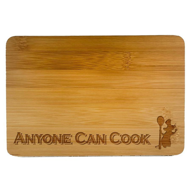 Anyone Can Cook" Funny Ratatouille Engraved Bamboo Cutting Board - wooden kitchen board accessory for food (9.75" by 6.75")