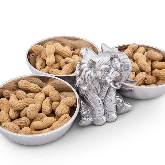 Arthur Court Designs Aluminum Metal Sitting Elephant Three-Bowl Nut/Candy/Snack Bowl Dish 5" Tall