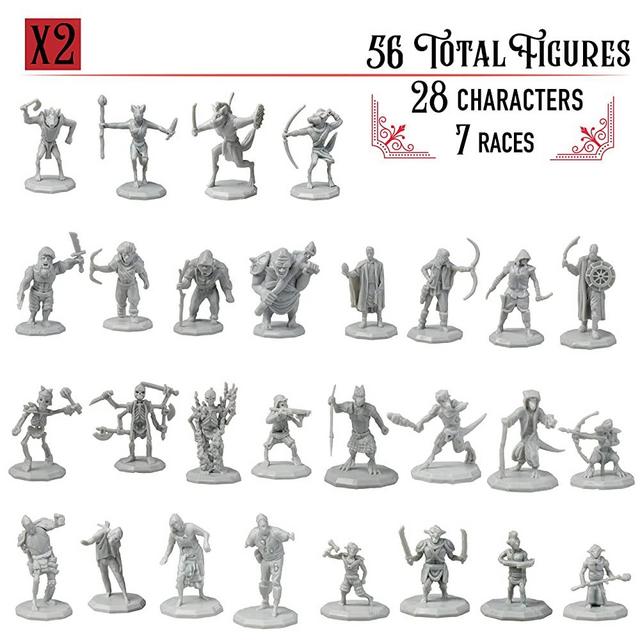 DnD Miniatures- 56 Mini Figures (28 Unique Characters) - 1" Hex-sized for D&D Dungeons and Dragons, Pathfinder, and All RPG Tabletop Games- 7 Fantasy Races - Goblins, Orcs, Gnolls, Skeletons & More