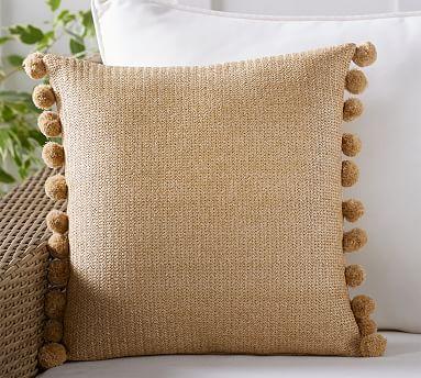 Faux Natural Fiber Pom Pom Indoor/Outdoor Pillow, 18", Natural