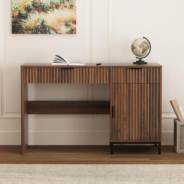 MoomJiee 47" Office Desk with Fluted Drawers, Wooden Home Exectuive Desk with Storage Cabinet, Charging Station, Metal Legs Modern Farmhouse Computer Desk for Work, Study, Brown