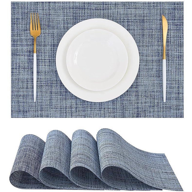 Leetaltree Deep Navy Woven Placemats Set of 4 - Heat Resistant Non-Slip Place mats for Dining Table, Washable Durable PVC Vinyl Woven Table Mats(Deep Navy, 4)