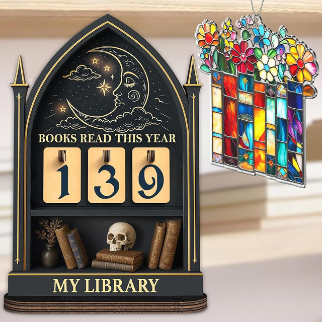 Books Read This Year Counter, Fantasy Book Tracker Sign for Home Library Decor, Bookworm Gift for Women, Teachers, Writers, Gothic Readers, Bookshelf Accessories with Book Suncatcher Ornament FF815