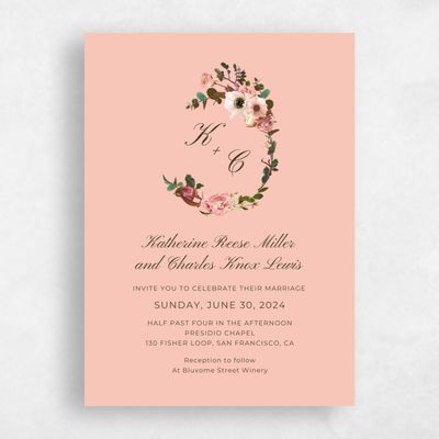 Peach, Pink Wedding Invitation - Napa Wreath