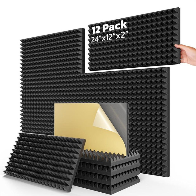 HYCHINS Upgrade 12 Pack Pyramid Sound Proof Foam Panels for Walls with Self-Adhesive, 24" X 12" X 2" High Density Acoustic Panels, Fast Expand Soundproof Wall Panels, Sound Proof Panels for Walls