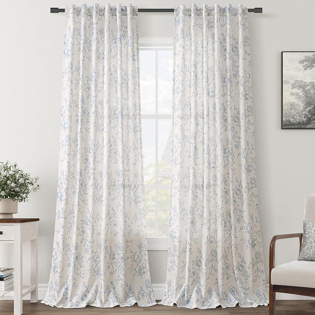 Blue Floral Curtains 90 inch Length Back Tab Farmhouser Living Room Light Filtering Curtains Blue Pattern Print on Cream White Linen Curtain Panel Minimalist Aesthetic Sketch Style Vintage Room Decor