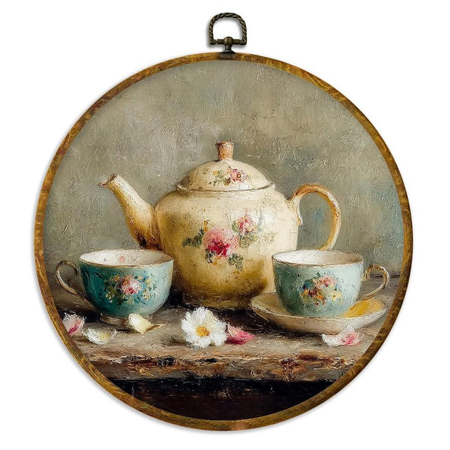 XPH Vintage Kitchen Round Wall Art Framed, Rustic Kitchen Circle Wall Decor, Farmhouse Country Tea Time Floral Teapot Hanging Canvas Prints for Kitchen Home Dining Room Decoration, 10x10 Inch