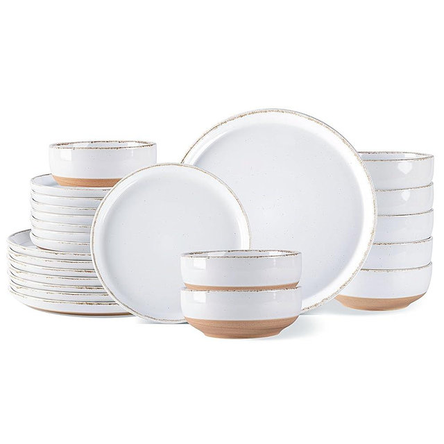AmorArc 24 Pieces Ceramic Dinnerware Sets for 8, Handpainted Stoneware Plates and Bowls Set with Rustic Terracotta Underside, Scratch Resistant Dishes Set, Dishwasher & Microwave Safe, White