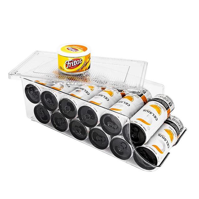 SCAVATA Skinny Can Organizer for Refrigerator, Tall Skinny Soda Pop Can Container Holder Dispenser with Lid for Fridge Pantry Rack Freezer, Clear Plastic Storage Bins-Holds 12 Slim Skinny Cans