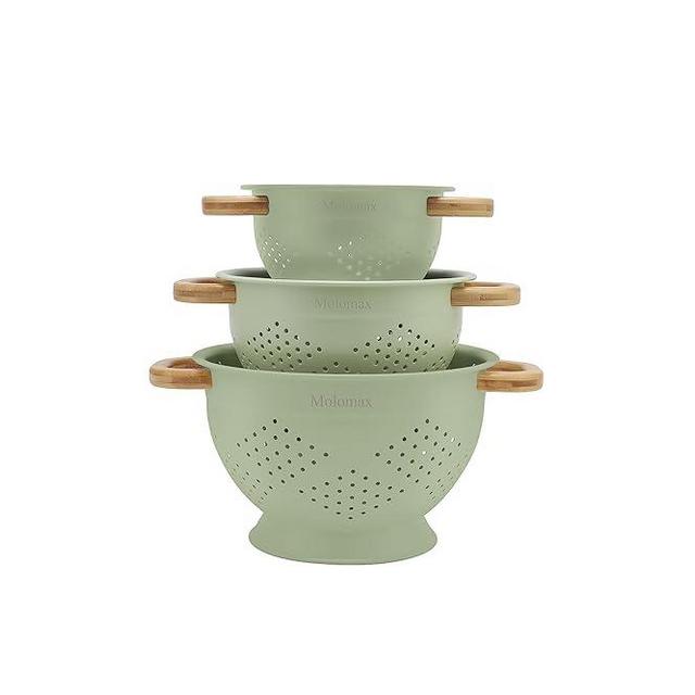 Molomax Metal Colander with Wood Handle | Set of 3 with Bamboo Handles | 1.5Q, 3Q, 5Q (Sage Leaf Green)