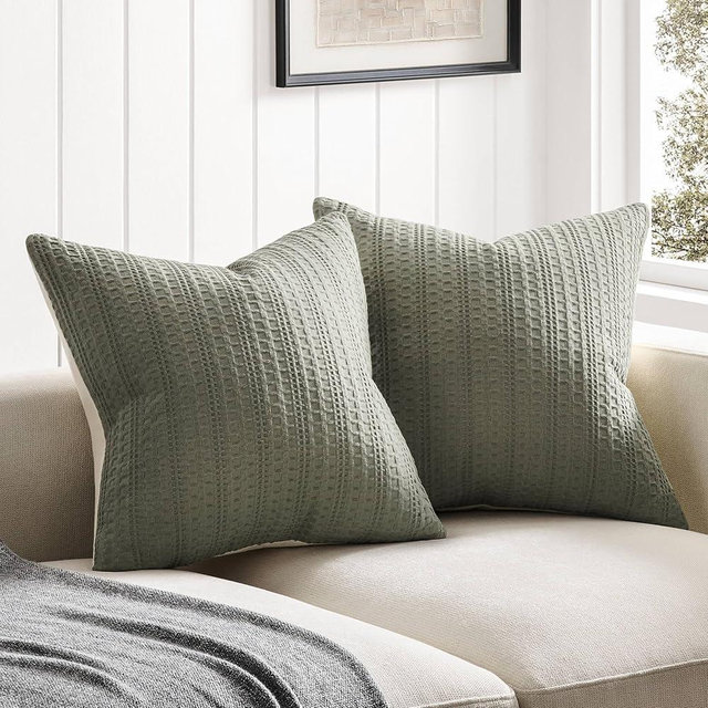 ZeeMart 100% Cotton Waffle Textured Throw Pillow Covers Set of 2, 24x24 Inch Olive, Soft Farmhouse Decorative Couch Pillow Cases Sage Green Cushion Covers for Sofa Bed Living Room Home Decor