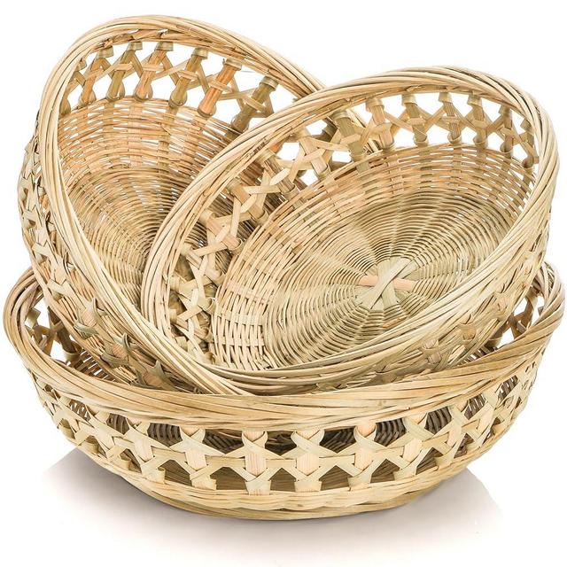 ZENFUN 3 Packs Round Woven Bread Basket, Bamboo Serving Trays, Handwoven Baskets Fruit Basket, Rattan Serving Baskets for Daily Dinning, Kitchen Organization, Stackable