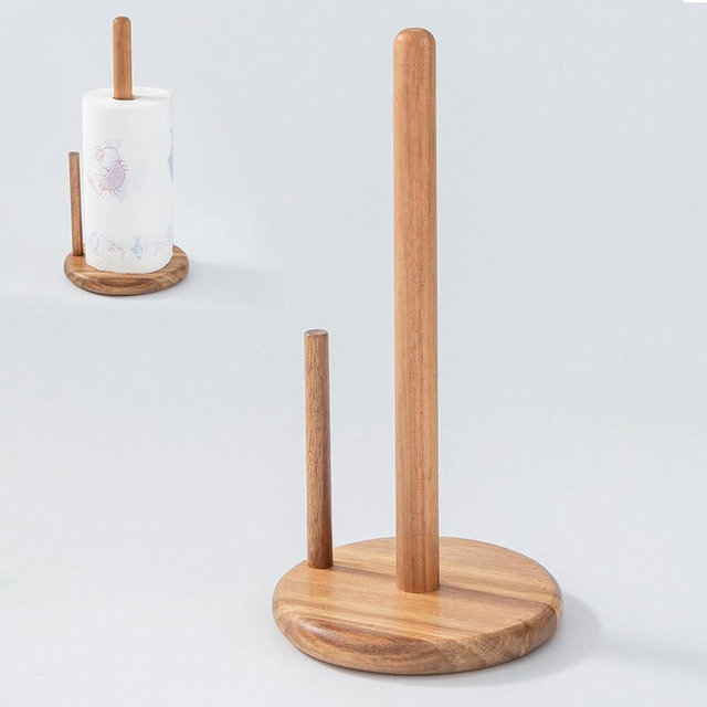14" Acacia Wooden Paper Towel Holder, 6.7" Large Heavy Base Wooden Kitchen Towel Roll Stand Organizer Free Standing, Rustic Farmhouse Paper Towel Holder Stand, Standing Paper Towel Roll Holders Wood