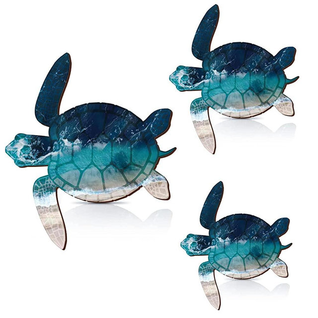 3 Sizes Sea Turtle Wall Decor Wood Ocean Turtle Canvas Wall Decor Beach Theme Art Decorations Hanging Turtle Sea Life Wall Art for Indoor Outdoor Bathroom Office Wall Decor (Dark Blue)