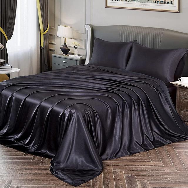 Vonty Satin Sheets California King Silky Soft Satin Bed Sheets Black Satin Sheet Set, 1 Deep Pocket Fitted Sheet + 1 Flat Sheet + 2 Pillowcases