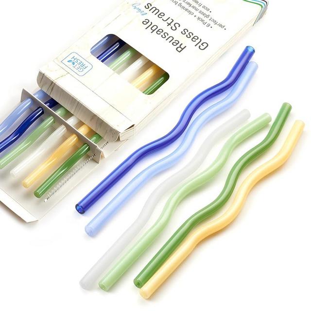 GET FRESH Reusable Wavy Glass Drinking Straws Set - 6pcs Colored Reusable Glass Drinking Straws Set from Borosilicate Shatter Resistant Glass - Coloured Dishwasher Safe Wavy Glass Straws for Cocktail