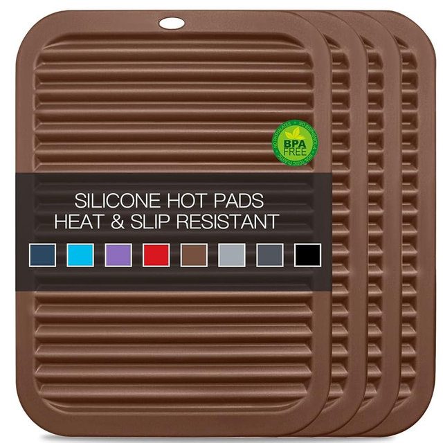 4 Pack Silicone Trivets for Hot Dishes Large 446°F Heat Resistant Pot Holder Hot Pads for Kitchen 9'' x 12' Brown Silicone Trivet Mat for Hot Pots and Pans, Jar Opener, Drying Mat