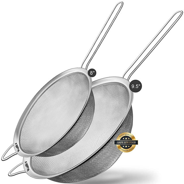 Large Extra Fine Mesh Strainer 9.5" & 8", Walfos Stainless Steel 30 Mesh Sieve with Sturdy Handle, Kitchen Food Strainers Sifters for Quinoa, Pasta, Fruits, Vegetables, Rice, etc., Set of 2