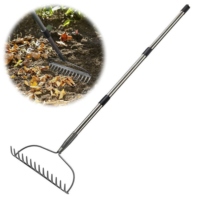 Garden Rake, 6 FT Bow Rakes for Lawns Heavy Duty, Yard Metal Rake with Adjustable Long Handle, 14 Tines Head, Gardening Tool for Loosen Soil, Gather Leaves, Level Mulch, Remove Debris