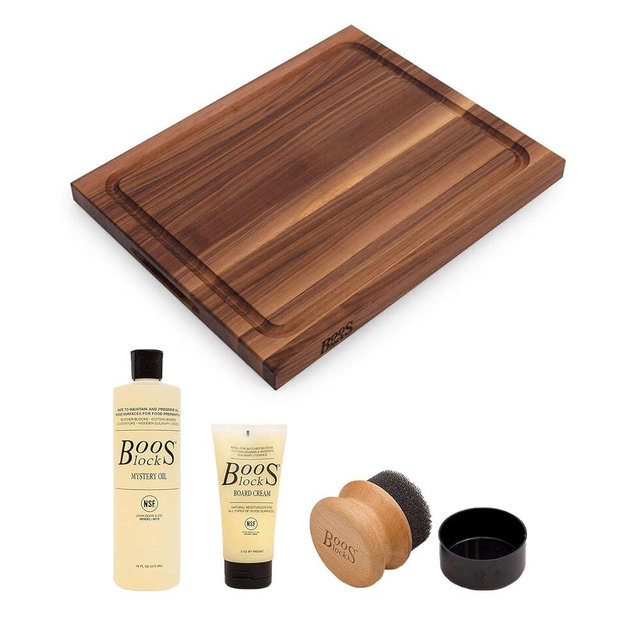 John Boos BBQ Series Rectangular Wooden Walnut Cutting Board 17”x21” – 1.5” Thick, 7-lb Reversible Butcher Block with Juice Groove, Edge-Grain, Finger Grips & Care & Maintenance Pack – Made in the USA
