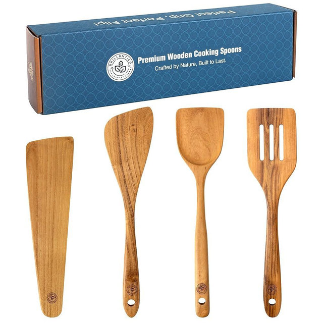 Brillantica Wooden Kitchen Utensil Set of 4, Natural Wood Spoons and Spatulas, Non Toxic Eco Friendly Durable Wooden Turner and Spatula Set for Cooking. Perfect kitchen cooking utensils.