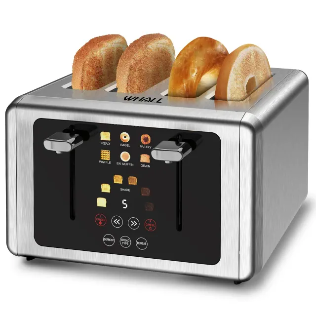 WHALL Stainless Steel Touchscreen Toaster 4 Slice, 6 Shade Settings, Bagel, Cancel, Defrost Functions