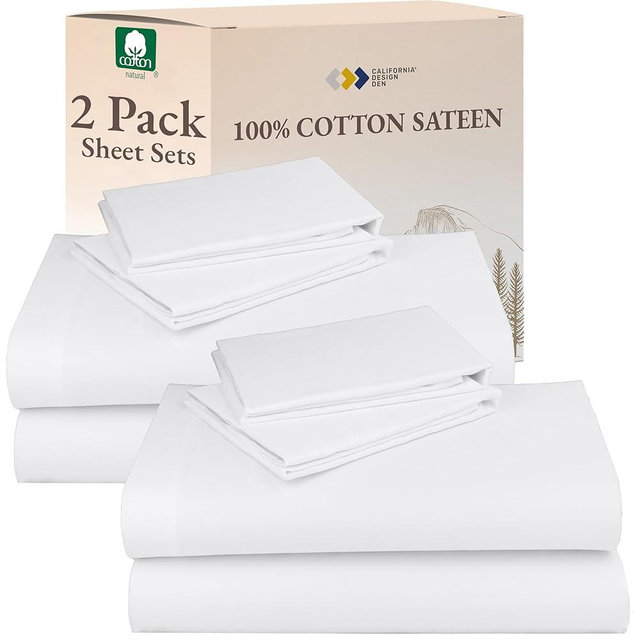 California Design Den 100% Cotton 2-Pack Full Sheet Set - Soft & Durable Sateen, Deep Pocket Full Size Bed Sheets (White)