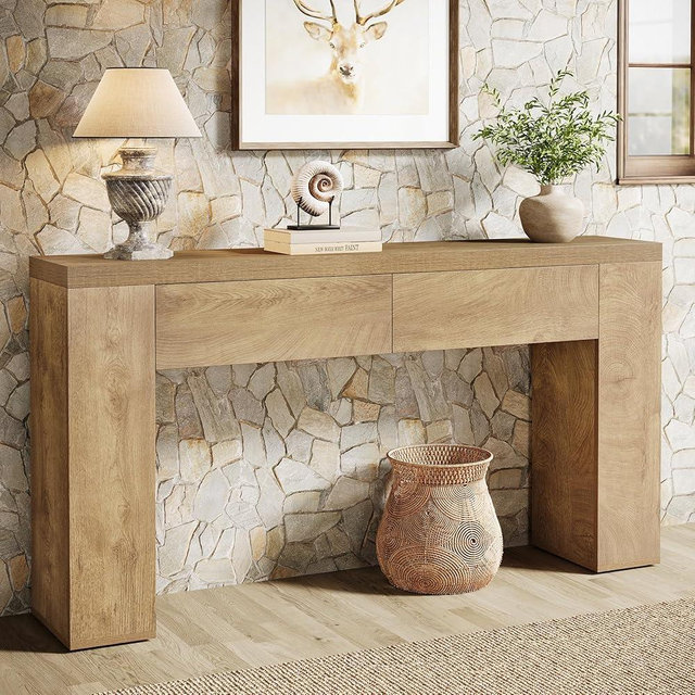Tribesigns 63-Inch Wooden Console Table with 2 Hidden Drawers, Farmhouse Rustic Brown Sofa Table for Living Room, Hallway, Entrance, Foyer, Easy Assembly