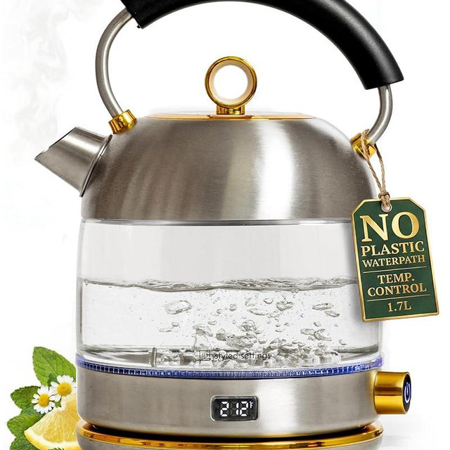 Stainless Steel Electric Kettle with Temperature Control - BPA and Plastic Free Electric Kettle with Keep Warm Function, Borosilicate Glass - Fast 1500W Hot Water Boiler, Auto Shut-Off