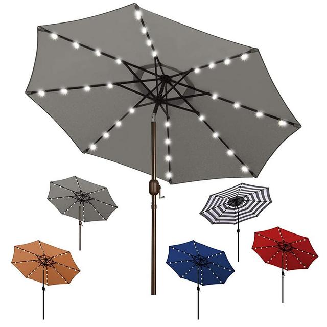 Blissun 9 ft Solar Umbrella, 32 LED Lighted Patio Umbrella, Table Market Umbrella, Outdoor Umbrella for Garden, Deck, Backyard, Pool and Beach (Grey)