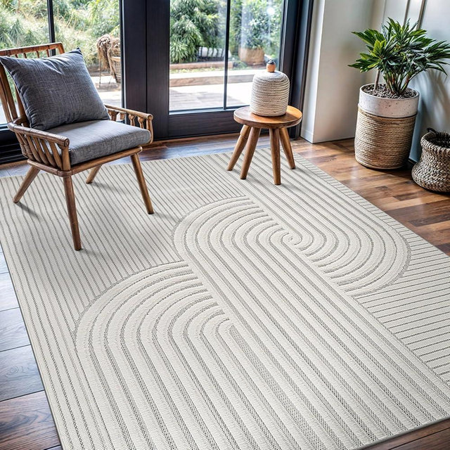 CAMILSON Modern Rug 5x7 Luxury Swirl Curved Micro Loop Area Rugs Soft High-Low Pile Stain Resistant Easy to Clean Non-Shedding Durable Living Room Office Indoor Carpet (White)